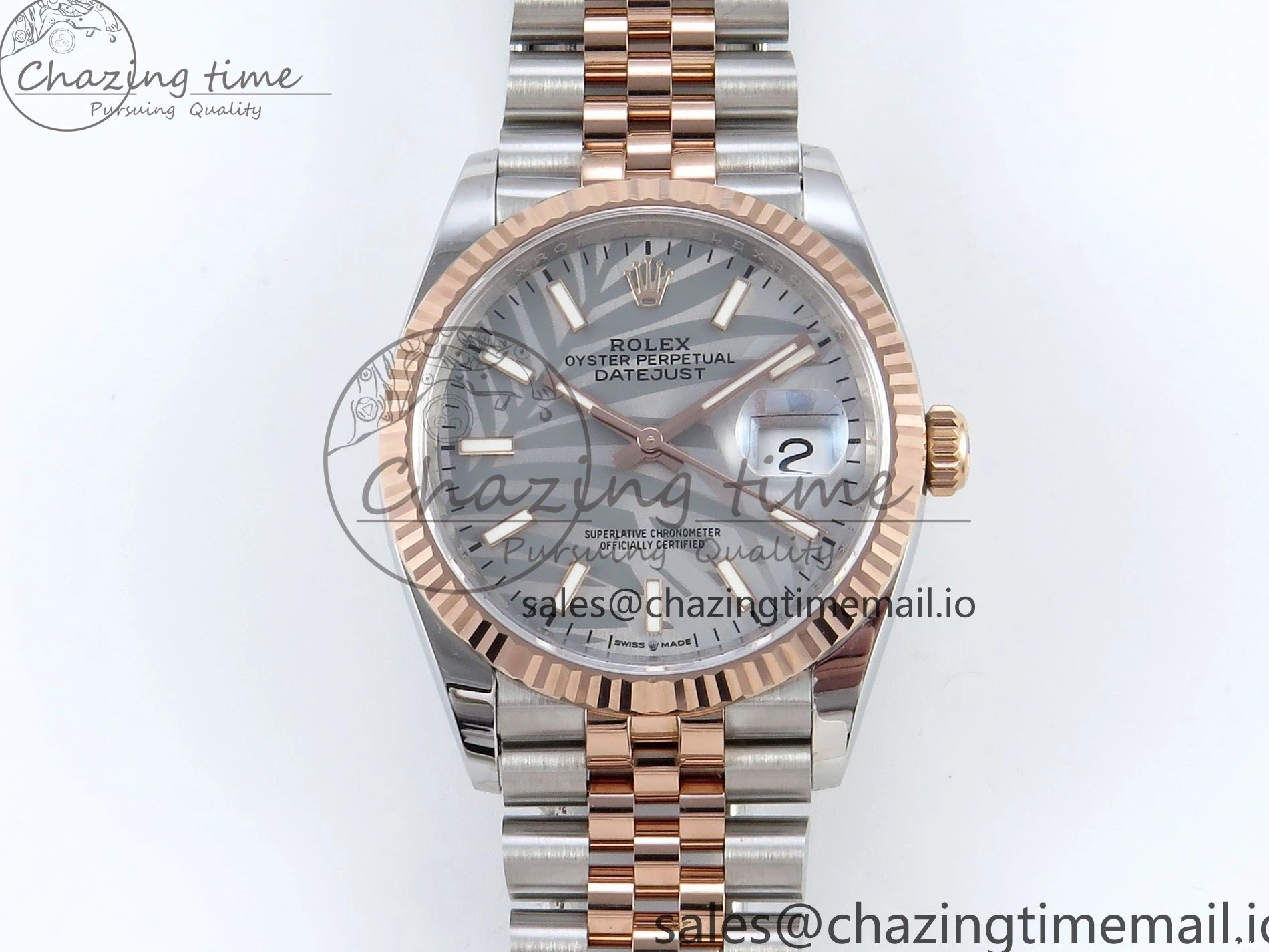 MiroTime 0408 DateJust 36 126231 EWEF Best Edition Silver Leaf Dial Stick Marker on SS RG Jubilee Bracelet A TopPick 596